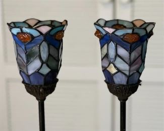 2pc stained glass Torchiere Table Lamps PAIR	23in H x 4.5in diameter at rim	
