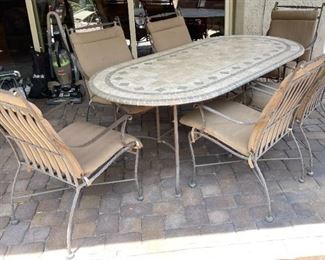 Heavy Travertine & Iron Patio Dining Table w/ 6 Chairs	Table: 29 x 42 x 84in	HxWxD
