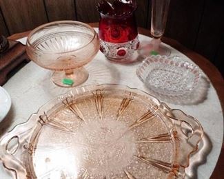Pink Depression "cherry blossom" plate with pink depression strawberry dish and other pink glass