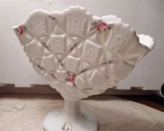 Westmoreland milk glass footed fan vase