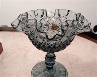 Fenton sapphire ruffled top pedestal candy dish