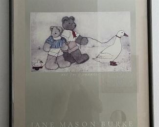 Jane Mason Burke exhibition poster from Carmel, CA featuring teddy bears and goose