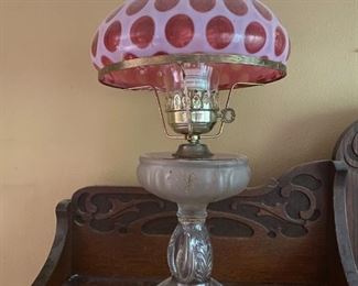 Antique Fenton-style Cranberry Coin Art Glass Table Lamp