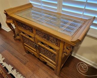 Chinese antique carved wood dinner room buffet (matching dinner room hutch and dinner table/8 chairs shown separately). 36" H x 46" W x 20.5" D