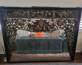 Chinese antique wall decor with beveled mirror, 66.5"W x 86" W x 3" D