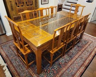 Chinese antique wood carved dinning table with 2 head chairs and 6 regular chairs, table size 33.5"H x 87" W x 45.5 D