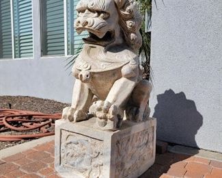 A pair of Chinese antique white marble Foo Dogs  (other one not shown in this picture), each white marble Foo Dog size: 40" H x 15" W x 20" D
