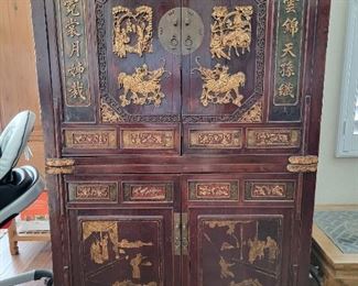 Chinese antique carved wood cabinet, 69" H x 42.5" W x 22.5" D