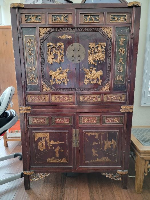 Chinese antique carved wood cabinet, 69" H x 42.5" W x 22.5" D