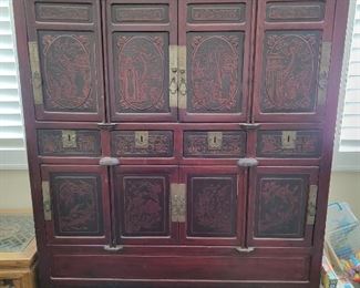 Chinese antique carved wood cabinet, 72" H x 54.5" W x 21.5" D