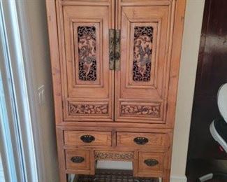 Chinese antique carved wood liquor cabinet, 73" H x 30.5" W x 20" D