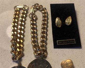 18K Gold Plated Earrings, 10K Gold Pin, and Two Gold Colored Heavy Bracelets