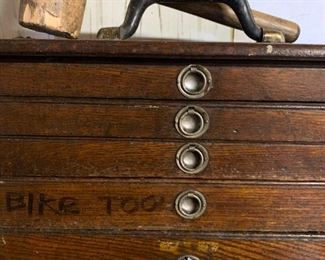 Antique Wooden Tool Chest, Contents, and Sledge Hammer