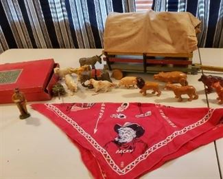 Antique Zoo Animal Toys with A Covered Wagon and Straight Arrow Bandana