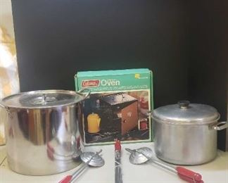 Assorted Camping Pots, Coleman Stove, Toast Tite, Rotisserie Prongs