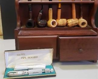 Assorted Tobacco Pipes with Pipe Stand and Cleaning Tools