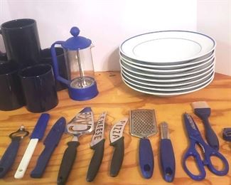 Blue Coffee Mugs, Coffee Press, Gibson Bowls, and Utensils