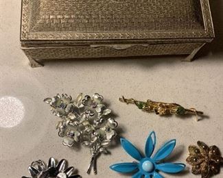 Brass Jewelry Box with Vintage Pins and Brooches