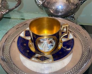 Royal Vienna Portrait Cup and Saucer, Pierced Silverplate Tray