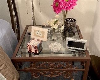 Two Glass and Metal Side Tables, Lamps, Clock Radios