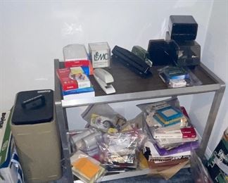 Rolling Chrome Cart, Bags of Office Supplies, Staplers, Unused Photo Paper