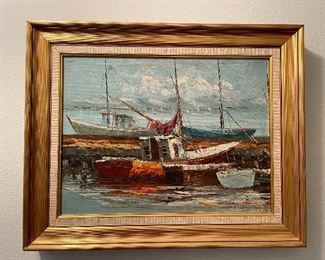 Signed Oil Painting Boats