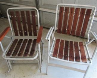 Vintage redwood lawn chairs, rocker on the left