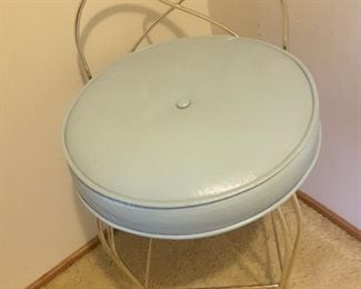 Pale Blue Vintage Vanity Chair, Yellow Metal. Round Seated Cushion.