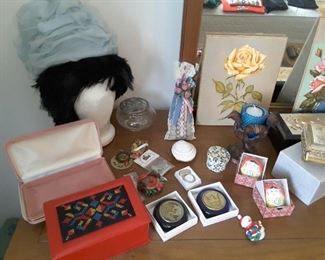 Women's Vintage Dressing Collectibles. Vintage Blue Hat, Black Wig. Styrofoam Head. Small Jewelry Boxes. Makeup, Toiletry Collectibles. Pictures.