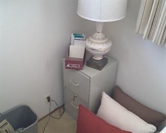 Two Drawer Metal File Cabinet with Keys, Ceramic Lamp. 3 Square Decorative Pillows. Shredder.