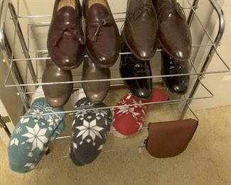 Men's Dress Shoes: Bally Switzerland 10 Brown Tassels, Allan Edmonds 9.5 Brown Tassels, Edmond Switzerland 10 Taupe Loafer, Bally Switzerland 9.5 M Black Loafer. Socks. Wire Metal Shoe Rack, 3 Shelves. Small Purse.
