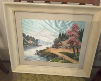 Vintage Cottage on River, Probably Germany. Lovely Beige Cream Frame.