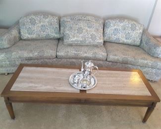 Marble and Wood Coffee Table with Silver-plated Tea Service Set and Tray. 3 Seater Silver Flowered Couch.