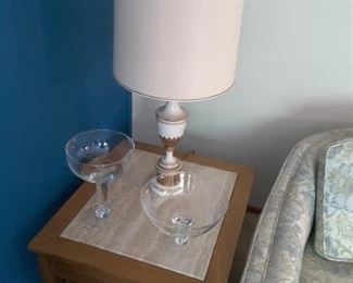 Living Room Marble and Wood End Table, Set of 2. Ceramic Lamp, Set of 2. Princess House Decorative Glass Bowls and Tall Glass for Flowers or a Large Martini.