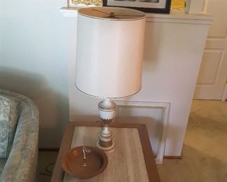 2nd Marble and Wood End Table. Second Ceramic Lamp. Monkey Pod Bowl. Decorative Wall Picture.