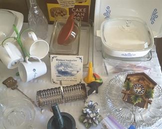 Vintage Glassware/Bakeware, Cookware, and Collectibles from Travels. Small Cuckoo Clock.