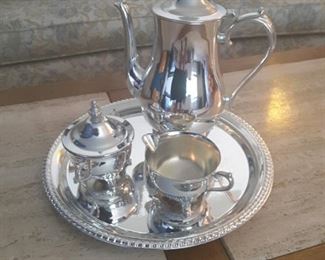Silver-plated Tea Service, Coffee, Creamer, Sugar and Tray Service.