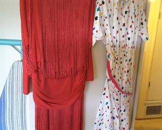 Women's Elegant Red Fringe Cocktail Dress. White Dress with Red, Green, Black, Blue Spots and Red Belt. Size 10 to 12.