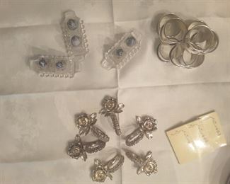 Salt and Pepper Cut Glass with Tray, 3 Sets. Silver-like Round Napkin Ring Holders. 6 Rose Metal Napkin Ring Holders. 3 Sets of New Dinner Name Cards Leaf Design.