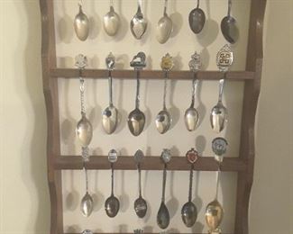 Wood Spoon Rack, 4 Display Sections, Holds 24 Collectible Spoons. These Spoons have been collected and purchased from Around the World Travels.