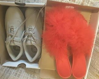 Walk Shop 7.5 M, Crème Walking Shoe, Madye's 6.5 to 7 Red Satin Slip On Slippers.