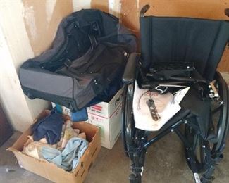 Garage: Nova Medical 19" Steel Frame and Padded Folding Transport Wheelchair (used only a few times), Large Travel Carry Bags, (many bags) Car Washing Rags (in box).