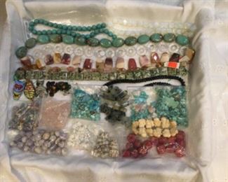Bear fetishes by the bag, turquoise, rose quartz, coral beads, turquoise strands,