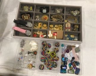 Beaded beads, diachronic glass beads, shell and moonstone beads, watches, key chains inc snoopy, Coca Cola, tinker bell bracelet