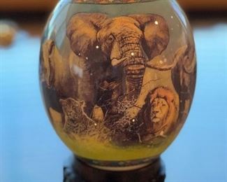 DECOUPAGE OSTRICH EGG WITH LION, RHINO, ELEPHANT & LION