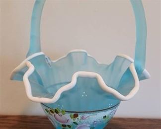 Fenton Hand Painted Blue Basket with Pink Flowers