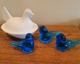 Nesting Hen Dish and 3 Glass Blue Birds