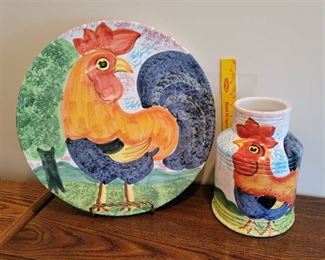 Hand Painted Rooster Plate and Crock from Italy