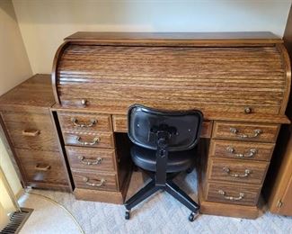 Roll Top Desk with Keys, File Cabinet, and Rolling Chair