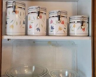 4 Glass Mixing Bowls, 2 Glass Cutting Boards, and Canister Set